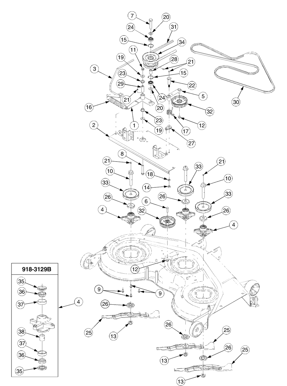 Deck Drive And Spindle Assembly Diagram and Parts List for GT2550 K015-Before-13A2C7P710 Cub Cadet Lawn Tractor